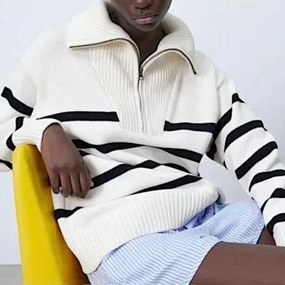New Zara Striped Half-Zip Cotton Sweater Size M - Picture 2 of 12